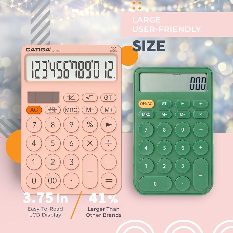 CATIGA 12 Digit Desktop Calculator Basic Desk Calculator with Large LCD Display, Big Buttons, 4 Function, Solar and Battery Dual Power, for Office, School, Home, SD-1292 Pink - Image 2